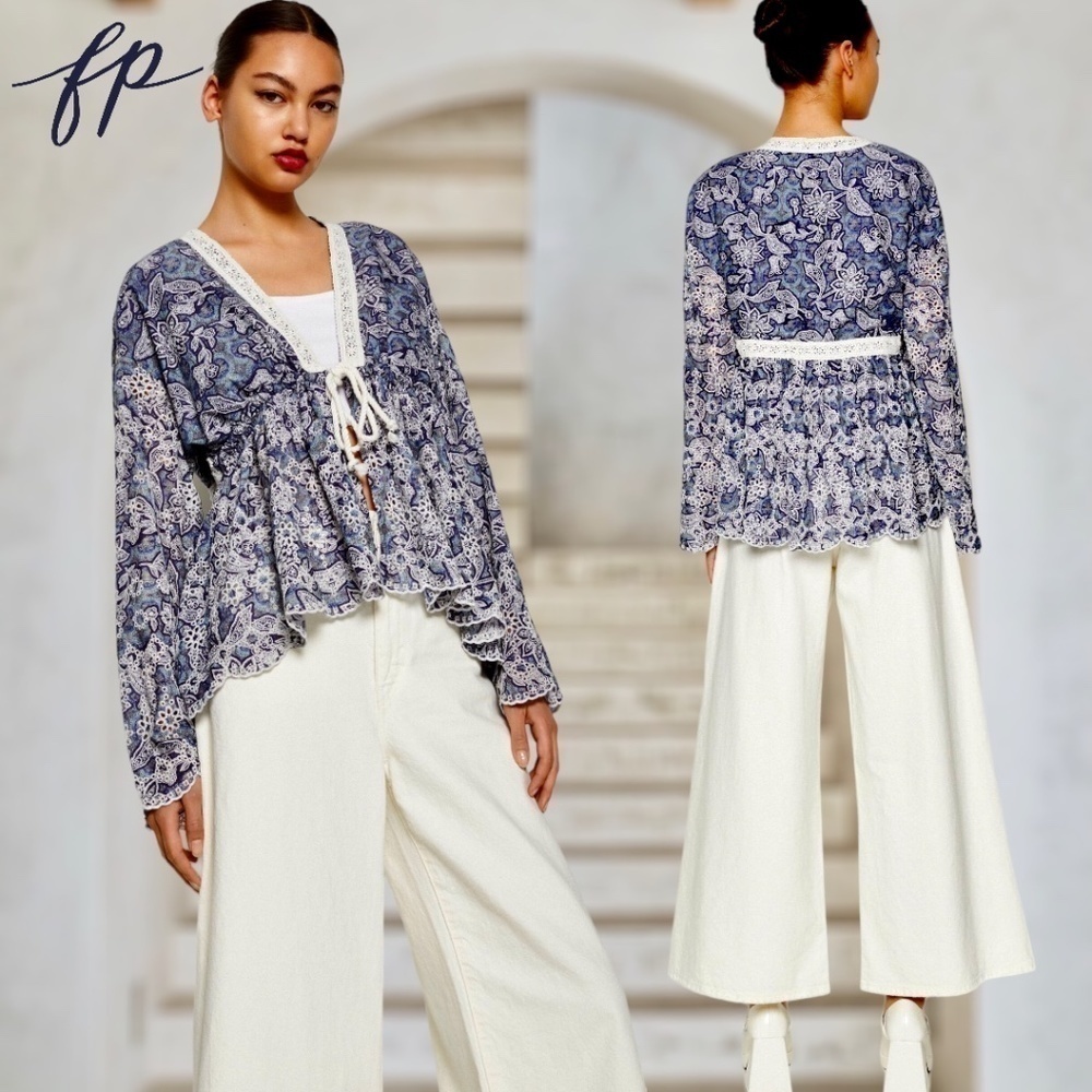 FREE PEOPLE NWT Anissa Floral-Print Eyelet/Embroidered Tie-Front Bed Jacket/Lg - Picture 11 of 14